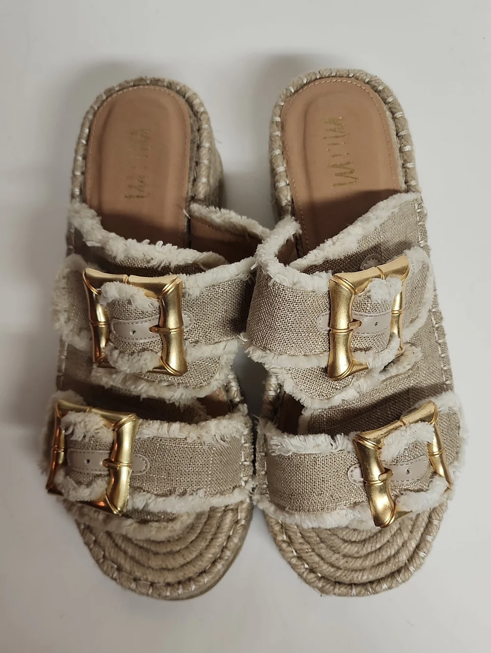 Mi.iM Woven Platform Slide Sandals with Gold Buckles - Beige Comfortable Sz 8.5